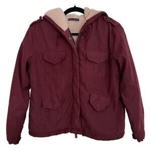 Brandy Melville Burgundy Maroon Sherpa Lined Utility Jacket w/Hood Small Medium